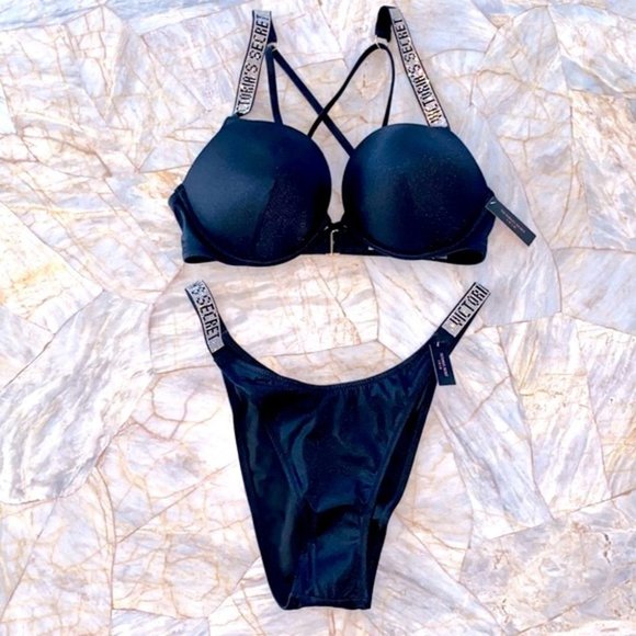38C XL 2 Pc Swimsuit SHINE STRAP BOMBSHELL ADD 2 CUPS SWIM CRYSTALS Swim Set - Picture 1 of 11